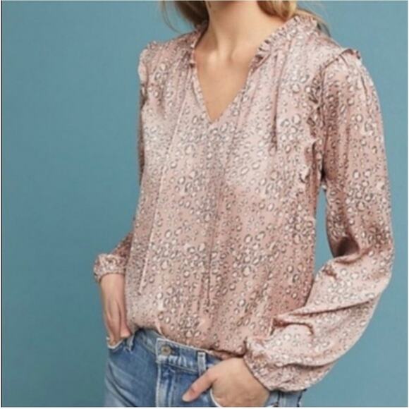 Anthropologie Dolan Miramar Leopard Print Long-sleeve Blouse in Pink Size M - Picture 1 of 8